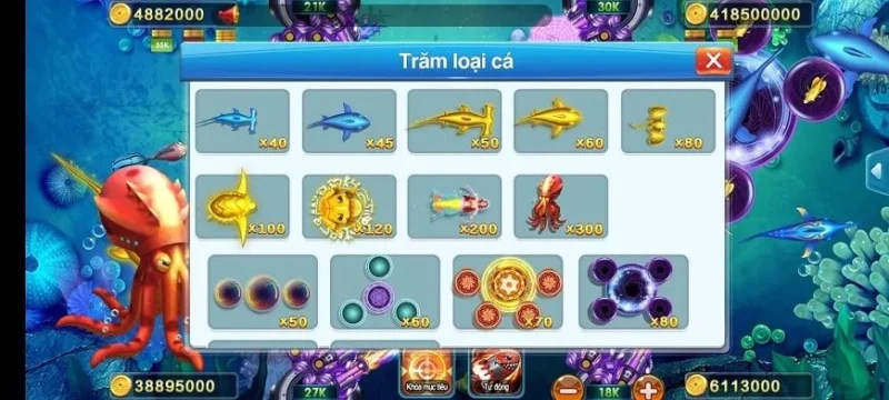 Mức điểm thưởng tương ứng khi tiêu diệt mục tiêu trong game Bắn Cá của CF68