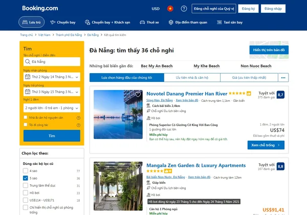 Giao diện chính của booking.com