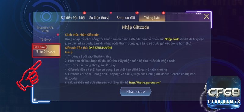 Chọn nhập Giftcode